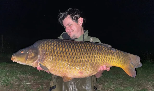 Tom Shaw with the scarred common @ 34lb 4oz , lovely old rare carp this ! #30 #ap #arrowmeadowfishery #syndicate #midlandscarpfishing #oldcommoncarp #ap